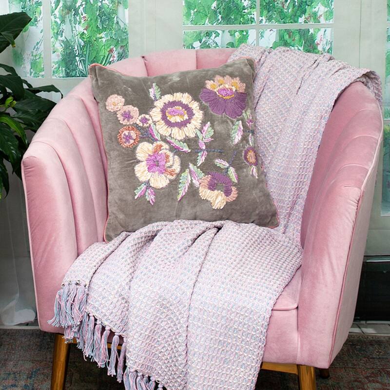 18" Beige and Pink Floral Embroidered Square Throw Pillow