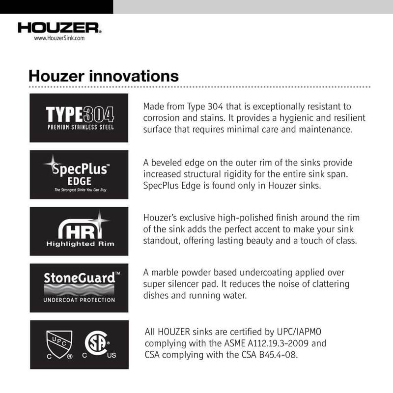 Houzer Belleo 32 inch Stainless Steel Drop-in Topmount Single Bowl Offset Kitchen Sink with Strainer & Grid