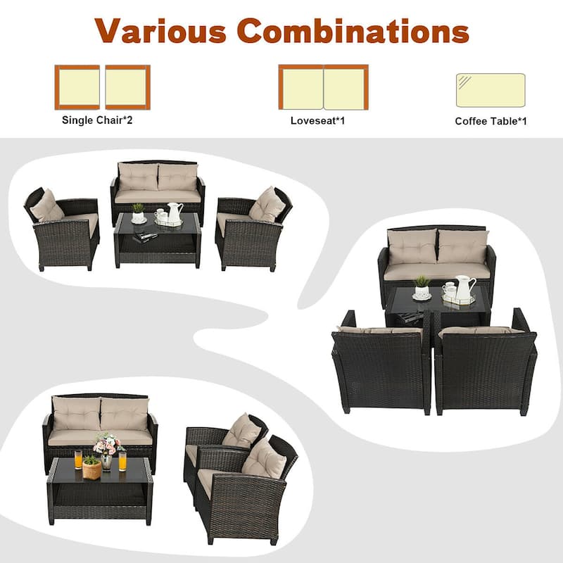 Costway 4PCS Outdoor Rattan Furniture Set Cushioned Sofa Armrest Chair - See Details