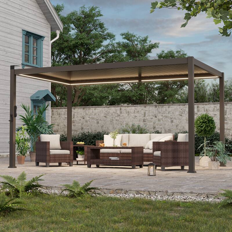 Outdoor Metal Louvered Pergola with LED Strip Lights