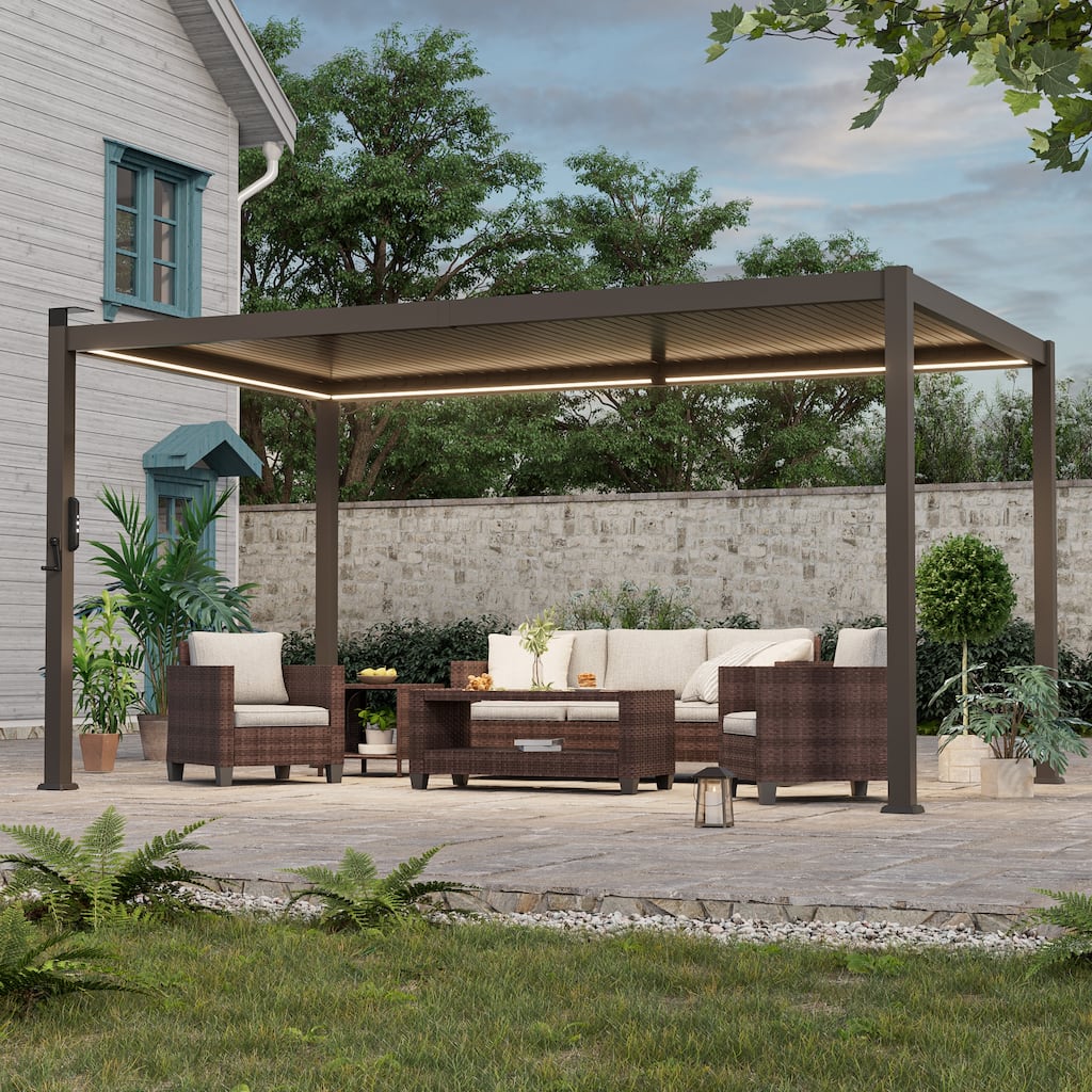 Outdoor Metal Louvered Pergola with LED Strip Lights