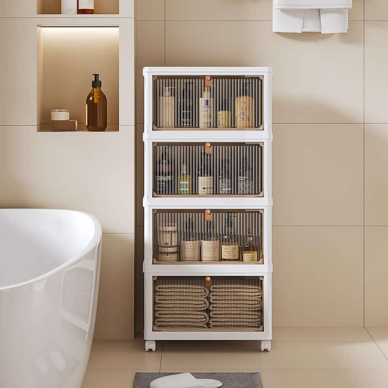 4 Tier Plastic Storage Bins Stackable Storage Containers with Wheels Folding Storage Boxes Closet Organizers - 3-Tier