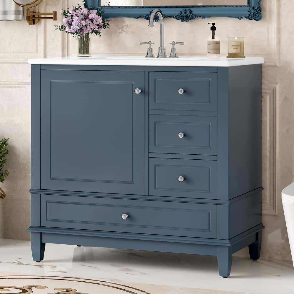 36" Bathroom Vanity with Ceramic Sink - MDF & Solid Wood Base, 3 Drawers & Storage Cabinet, Freestanding Design, 4" Faucet Holes