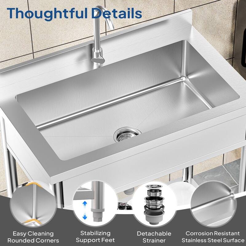 35.4 In. Freestanding Stainless Steel Large Single Basin Utility Sink With Shelve