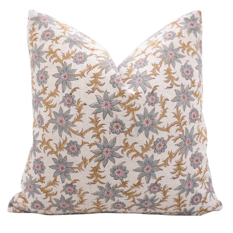 Fabdivine Handmade Block Print Floral Pillow Cover, Soft Pure Linen for Sofa, Alpana - Saanjh- Blue, Pink, Yellow - 14"X14"