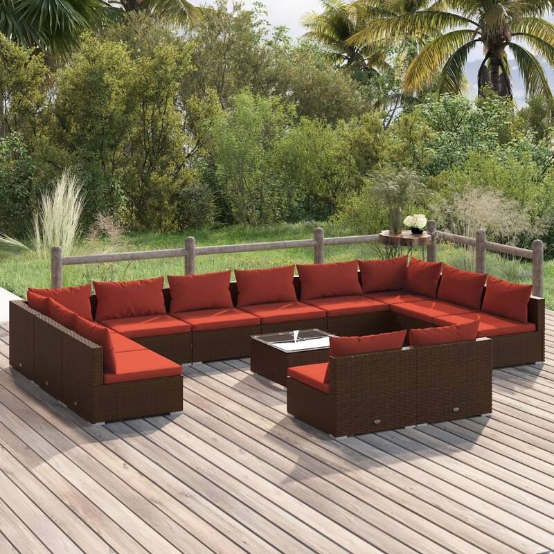 vidaXL Patio Lounge Set Outdoor Sectional Sofa Set Table Garden Poly Rattan - 27.6" x 27.6" x 23.8" - Brown/Cinnamon red 13 Piece