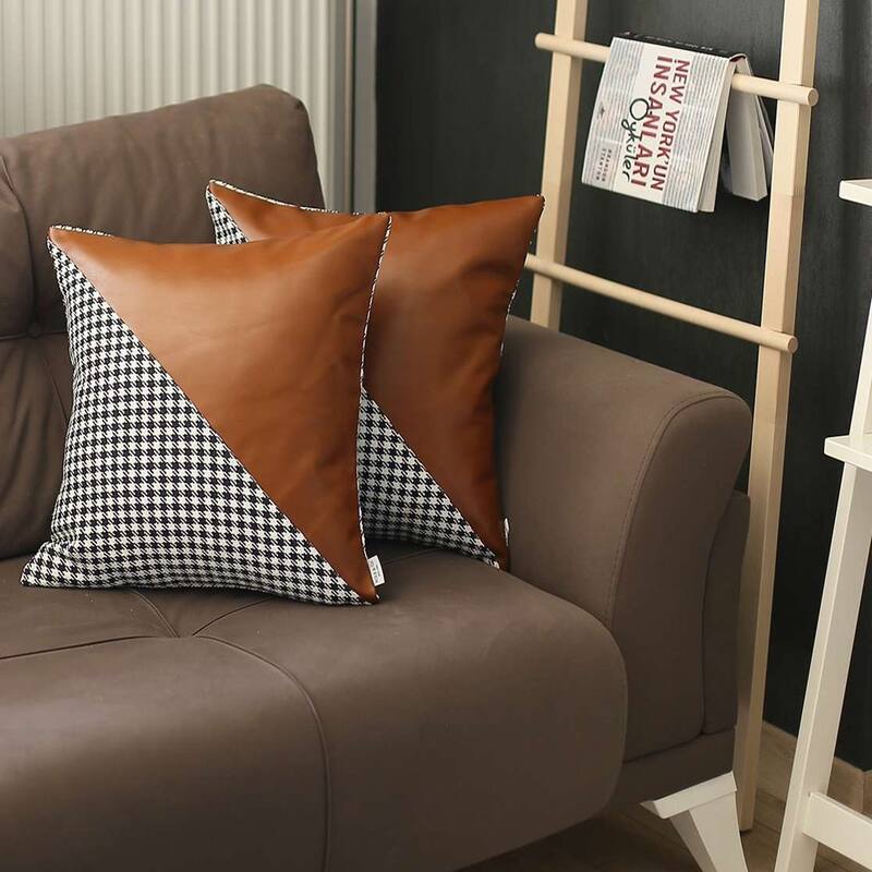 Set Of 2 Houndstooth Brown Faux Leather Pillow Covers Bed Bath
