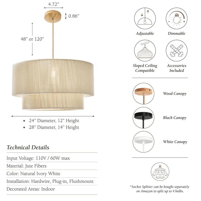 Elaine - 24" or 28" Ivory Jute Plug-In or Hardwired Light Fixture for Dining Room, Bedroom, or Kitchen in Japandi Style