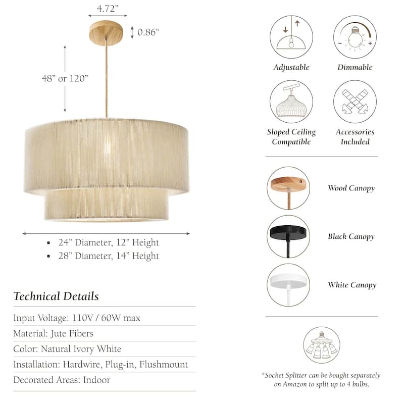 Elaine Rattan Pendant Light - Ivory White Large Drum 1-Light Handwoven Light Fixture For Modern, Boho, Farmhouse Room Decor