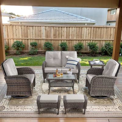 Outdoor Patio Loveseat with Ottomans Swivel Chair - Brown