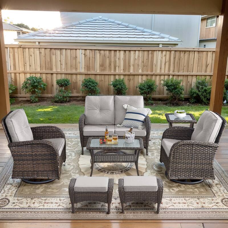 Pocassy Outdoor Loveseat Sofa with Table Funiture Set - Brown Wicker Beige Cushion - 7PCS Loveseat Sofa with Swivel Chairs Ottoman