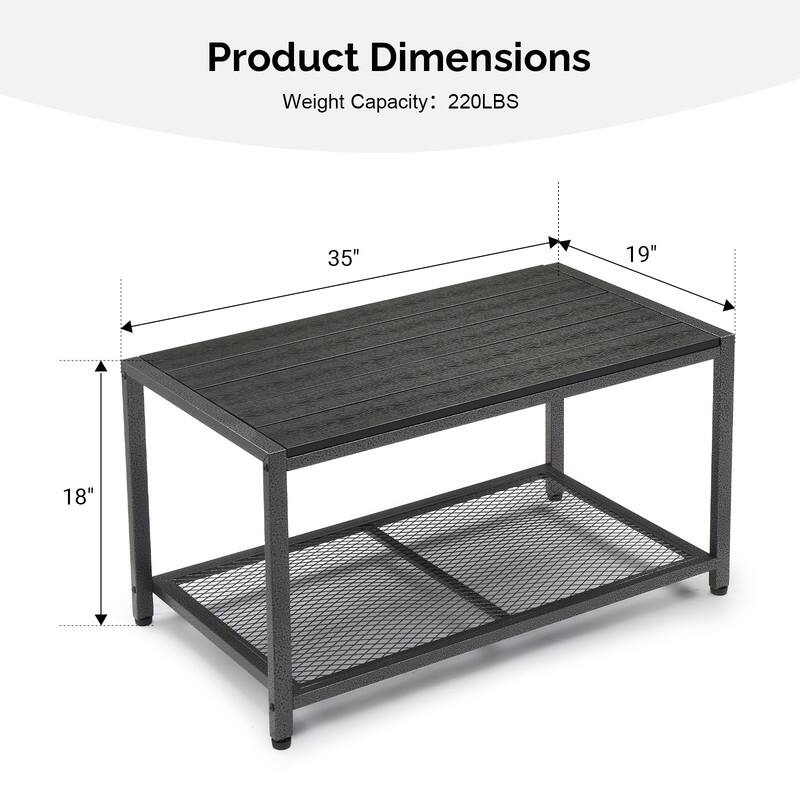 35 in Black Rectangular Metal Outdoor Coffee Table, 2-Tier Space-Saving Patio Table