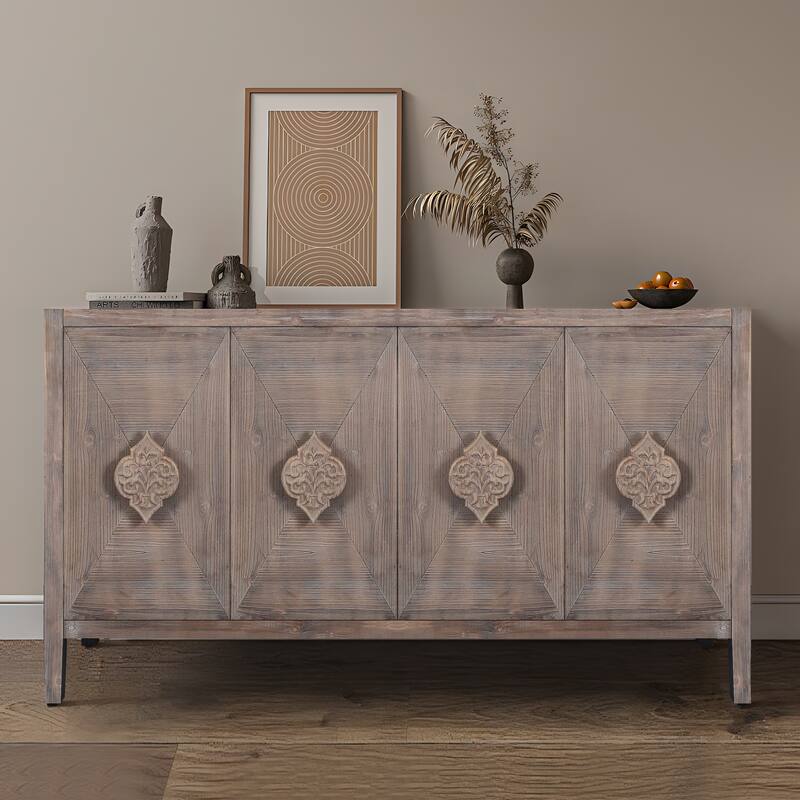 4 Door Antique Sideboard Buffet Cabinet with Carved Flower Handles, Adjustable Shelves, for Living Room, Kitchen, Hallway - Brown