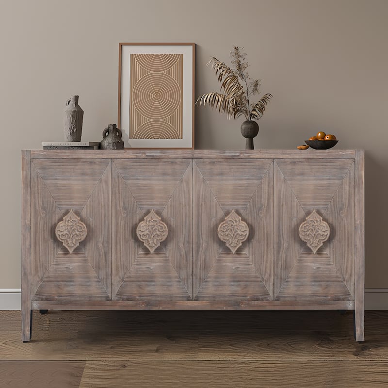 Antique 4-Door Sideboard with Carved Flower Handles and Adjustable Shelves for Living Room