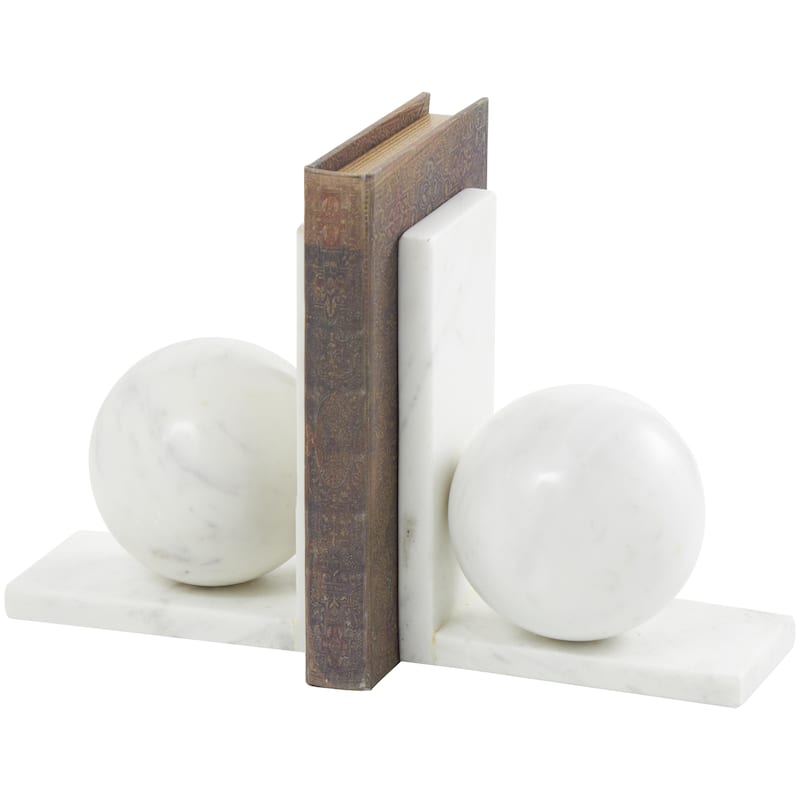 Marble Geometric Sleek Orb Decorative Bookends with L- Shaped Bases - Set of 2 White, Black, Gray - Roche River Decor