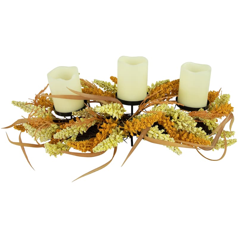 Autumn Harvest Triple Candle Holder with Artificial Fall Foliage - 22"