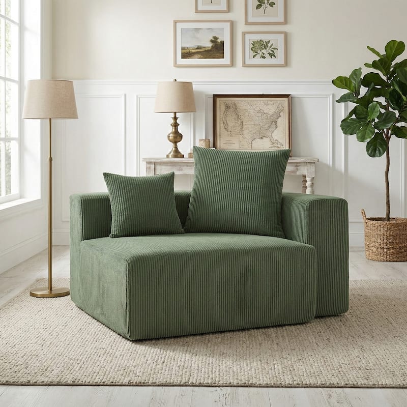 51"W Oversized Modular No Assembly Corduroy Accent Corner Chair - Right Facing - Green