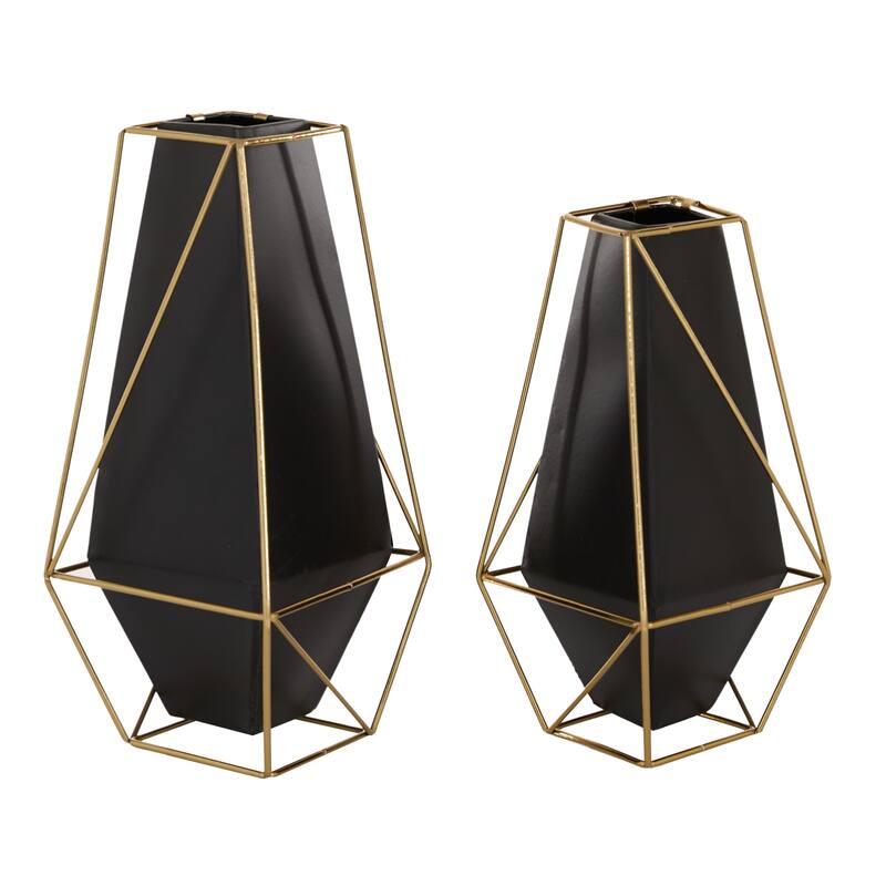 Black Metal Decorative Vase with Gold Wire Accents (Set of 2) - 6 x 6 x 11