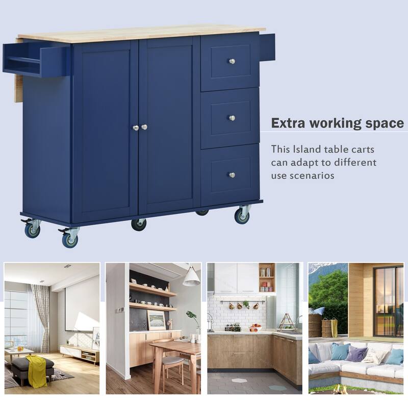 Solid Wood Top Drop Leaf Kitchen Island on Wheels, Rolling Kitchen Cart with Storage Cabinet, Drawers, Spice Rack and Towel Rack