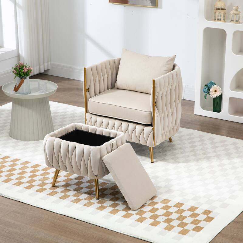 Accent Chair with Storage Ottoman, Modern Hand Woven Vanity Chair (Pink)