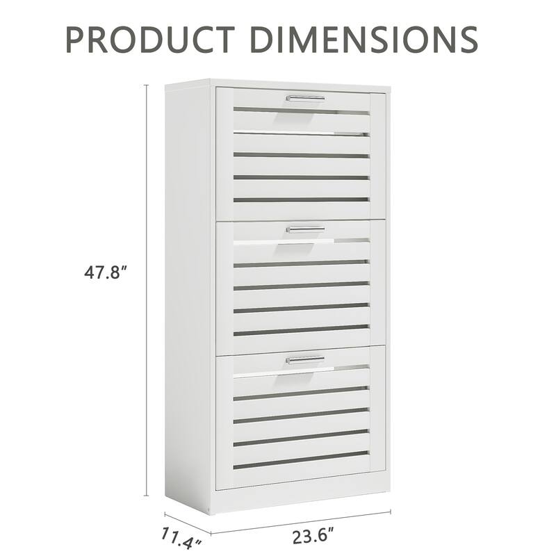 VECELO White 3-Tier Shoe Cabinet with Flip Drawer Silver Handles 47.24" Tall MDF Rack Removable laminate Design for Entryway