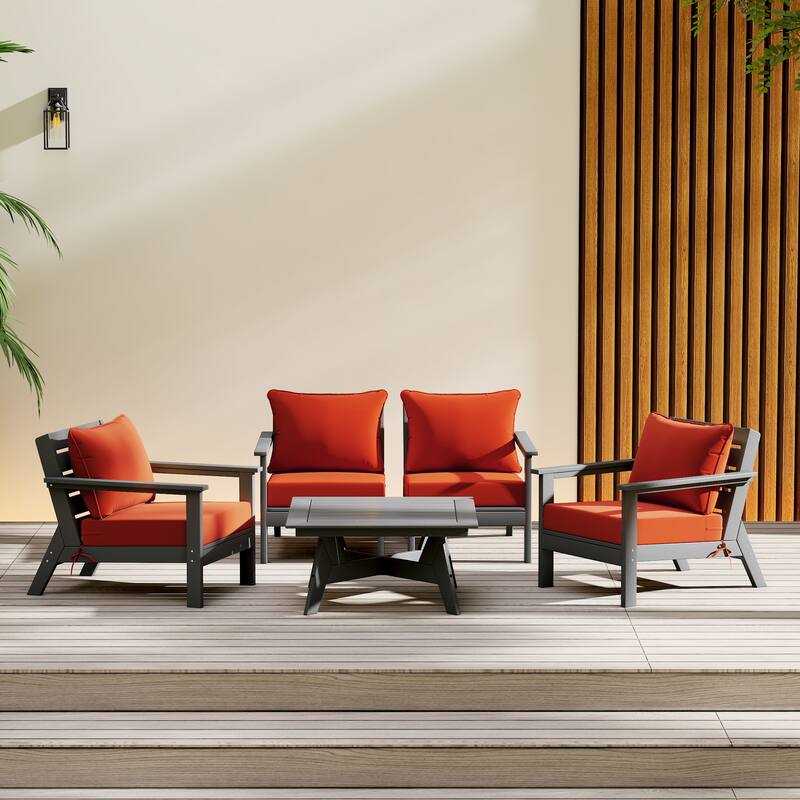 Birchwood All Weather HDPE Outdoor Patio Gray Deep Seating Conversation Set (5-Piece Set) - Gray/Orange