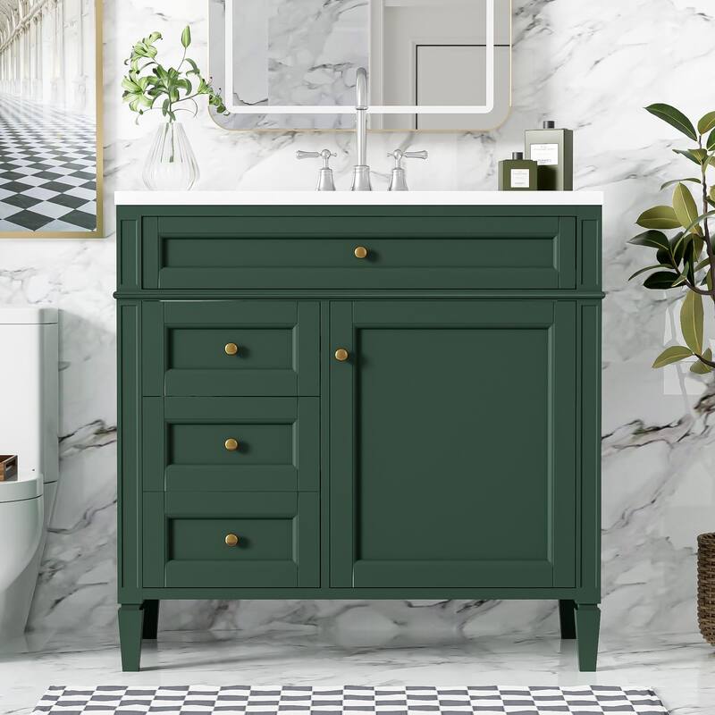 Modern Single Sink Bathroom Vanity Cabinet with Door Rack, Tip-out Drawer, 2 Pull-out Drawers, Metal Knobs and Adjustable Shelf - Green