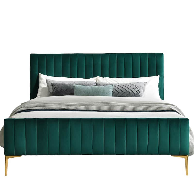 Omax Decor Julia Upholstered Platform Bed with Channel Tufted Headboard and Gold Legs