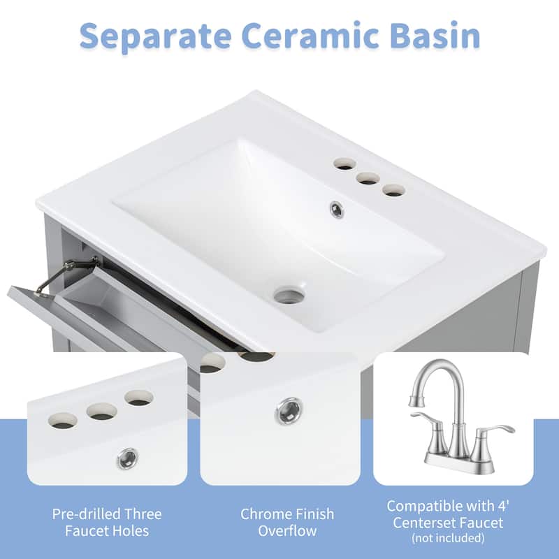 24" Bathroom Vanity with Sink, MDF & Rubberwood Construction, 3 Drawers & Cabinet with Adjustable Shelves