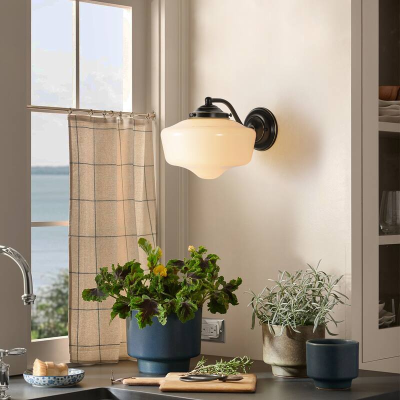 9.8 in. 1-Light Matte Black/Gold Dimmable Wall Sconce With White SchoolHouse Glass