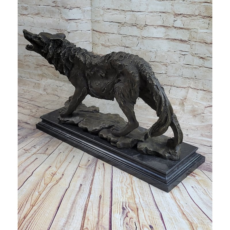 Fierce Wolf Howling Canine Bronze Sculpture Statue Art On Marble Base