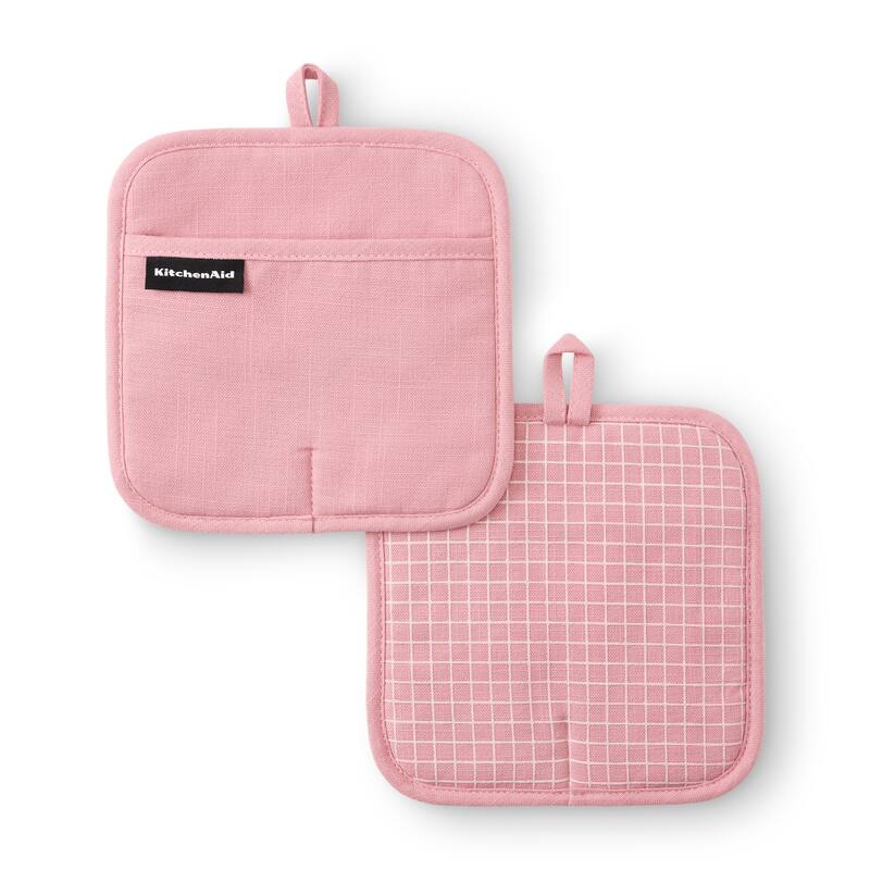 KITCHENAID Gourmet Series Gridlines Pot Holders 2-Pack Set, Heat Resistant up to 600°F, Soft Silicone Grip, Magnetic Cuff - Dried Rose