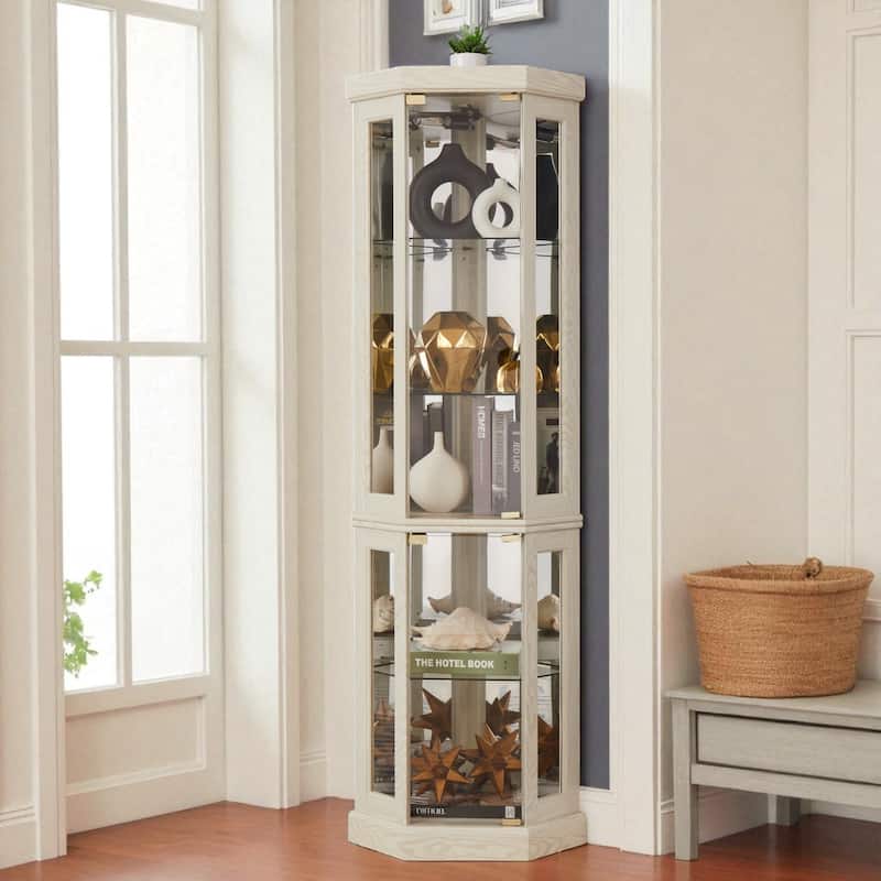 Corner Lighted Glass Curio Cabinet with Adjustable Shelves, Mirrored Back and Display Doors - Antique White