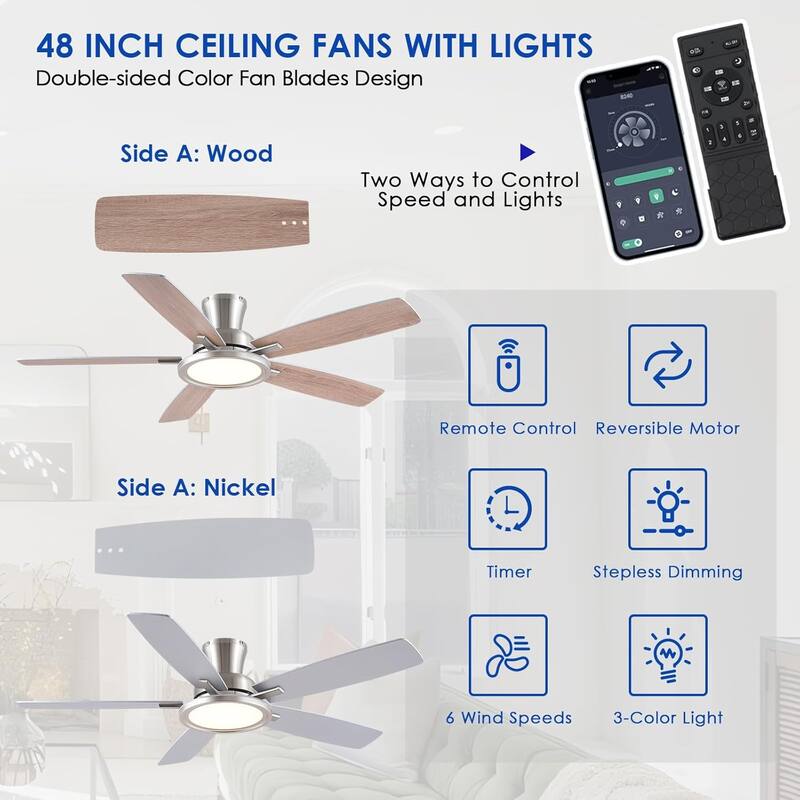 52 Inch Flush Mount Low Profile Ceiling Fan with Light,Remote and App Control
