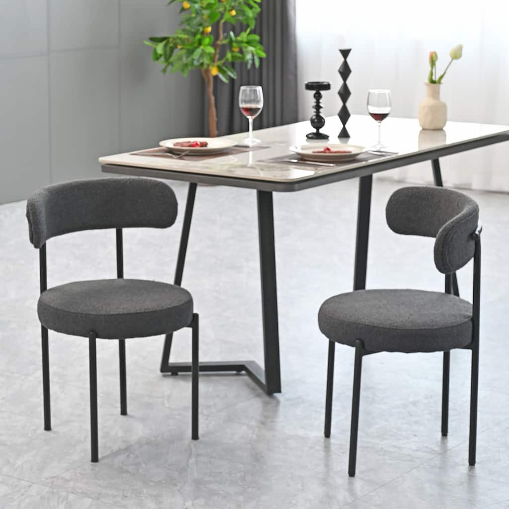 Modern Round Upholstered Boucle Dining Chairs Set of 2, Curved Backrest and black metal spray-painted legs