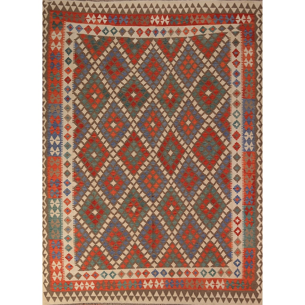 Reversible Geometric Kilim Area Rug Hand-Woven Wool Carpet - 8'2" x 10'5"