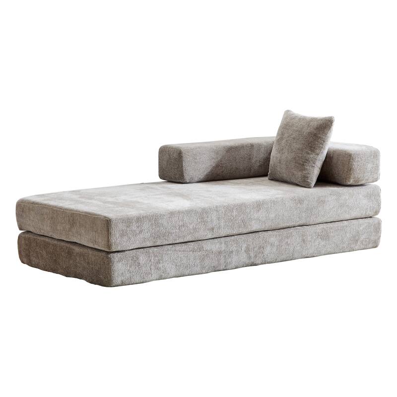Convertible Floor Sofa Bed in Light Grey Chenille Fabric, 77x37x24 inches
