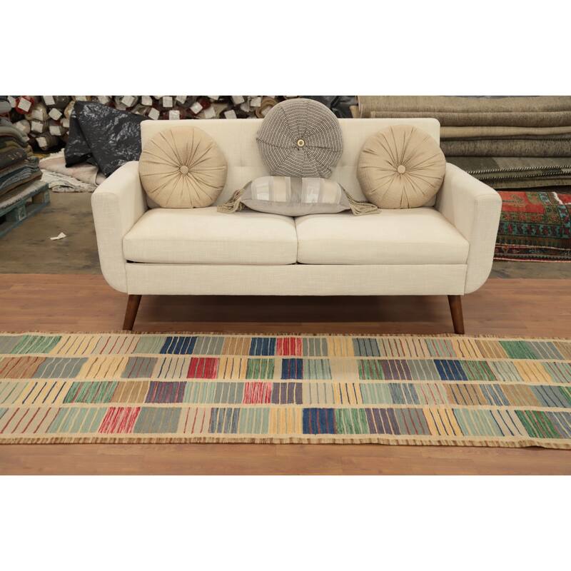 Hand Woven Oriental 100% Wool Carpet Southwestern Modern Multi-Colored Kilim Runner Rug - 10' 2'' X 2' 10''