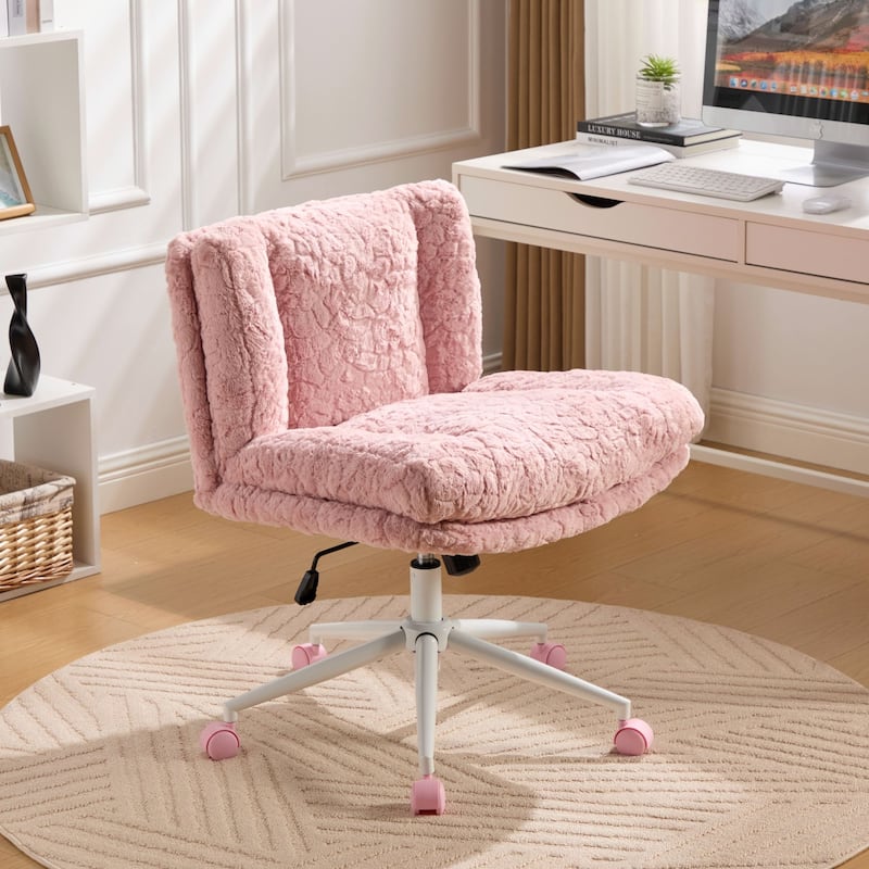 GDF Studio - Extra-Wide Faux Fur Upholstered Swivel Home Office Chair with Metal Base with 26.4" Oversized Seat - Pink