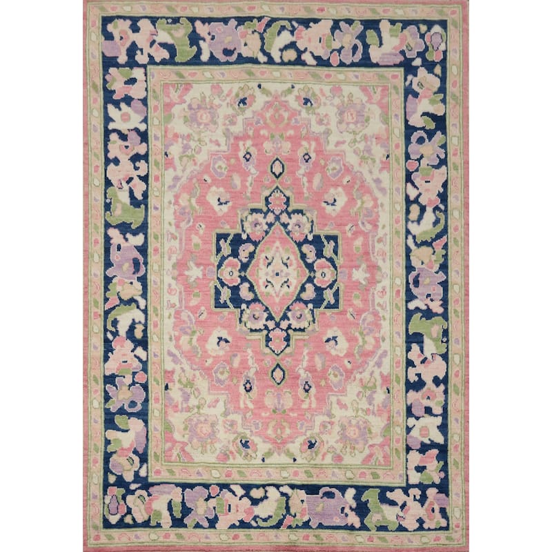 Hand Knotted Oriental 100% Wool Carpet Transitional Medallion Pink Oushak Area Rug - 6' 7'' X 5' 2''