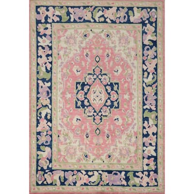 Hand Knotted Oriental 100% Wool Carpet Transitional Medallion Pink Oushak Area Rug - 6' 7'' X 5' 2''