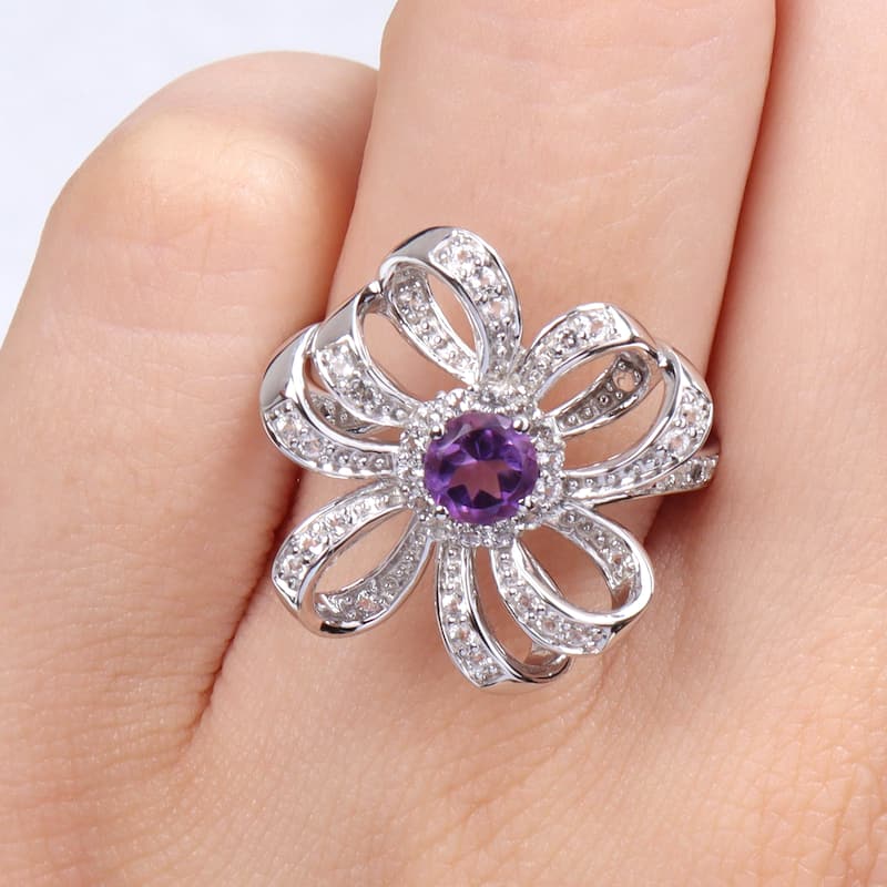 Miadora African Amethyst and White Topaz Floral Cluster Ring in Sterling Silver