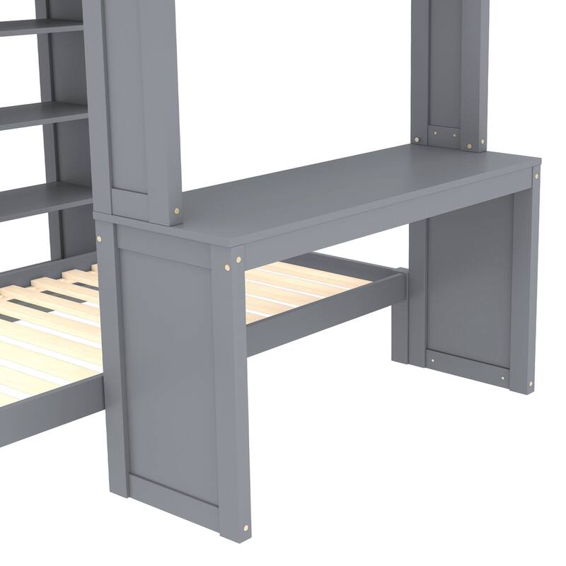 Convertible Full XL/Twin Bunk Bed with Desk, Shelves & Wardrobe, Solid Wood Frame, Grey Finish