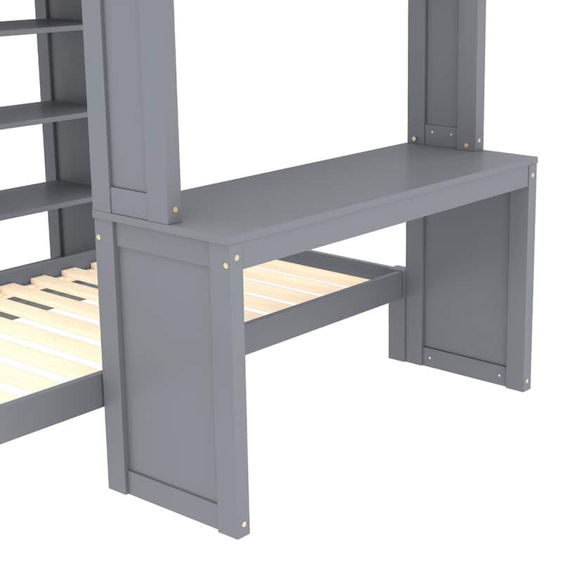 Full Over Twin Bunk Bed with Built-in Desk, Shelves and Wardrobe, Wood Bunk Bed Frame with Platform Bed and Loft Bed