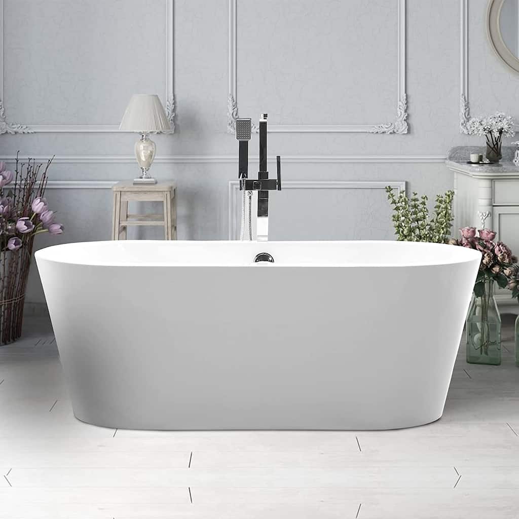 Vanity Art 59.1" Freestanding Acrylic Bathtub Modern Stand Alone Soaking Tub with Polished Chrome Round Overflow & Pop-up Drain