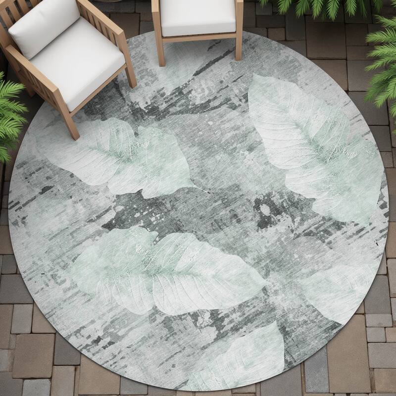 Machine Washable Indoor/Outdoor Modern Leaf Chantille Rug - Teal - 8' x 8'