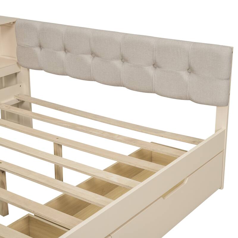Full Size Solid Wood Platform Bed with Upholstered Headboard, USB Charging Station and 2 Storage Drawers