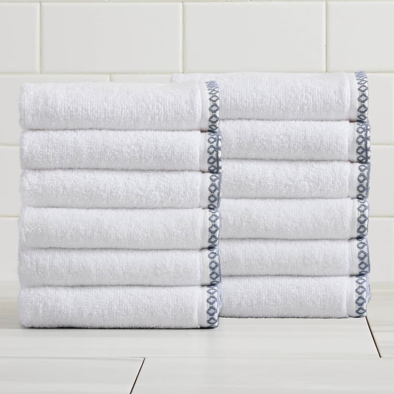 Linery & Co. Quick-Dry Cotton and Decorative Border Towel Set - Washcloth (Pack of 12) - White / Chambray Blue
