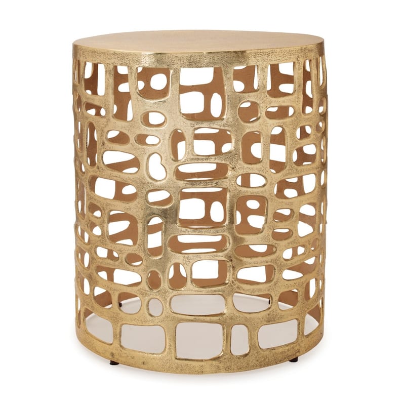 HomeRoots 19" Gold Modern Abstract Cut Out Round Drum End Table - 16.00 in. x 19.00 in. x 16.00 in.