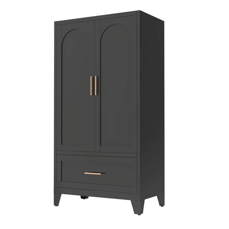 60" Tall Metal Wardrobe Cabinet - 2-Door Closet with Hanging Rod, Shelf, and Drawer
